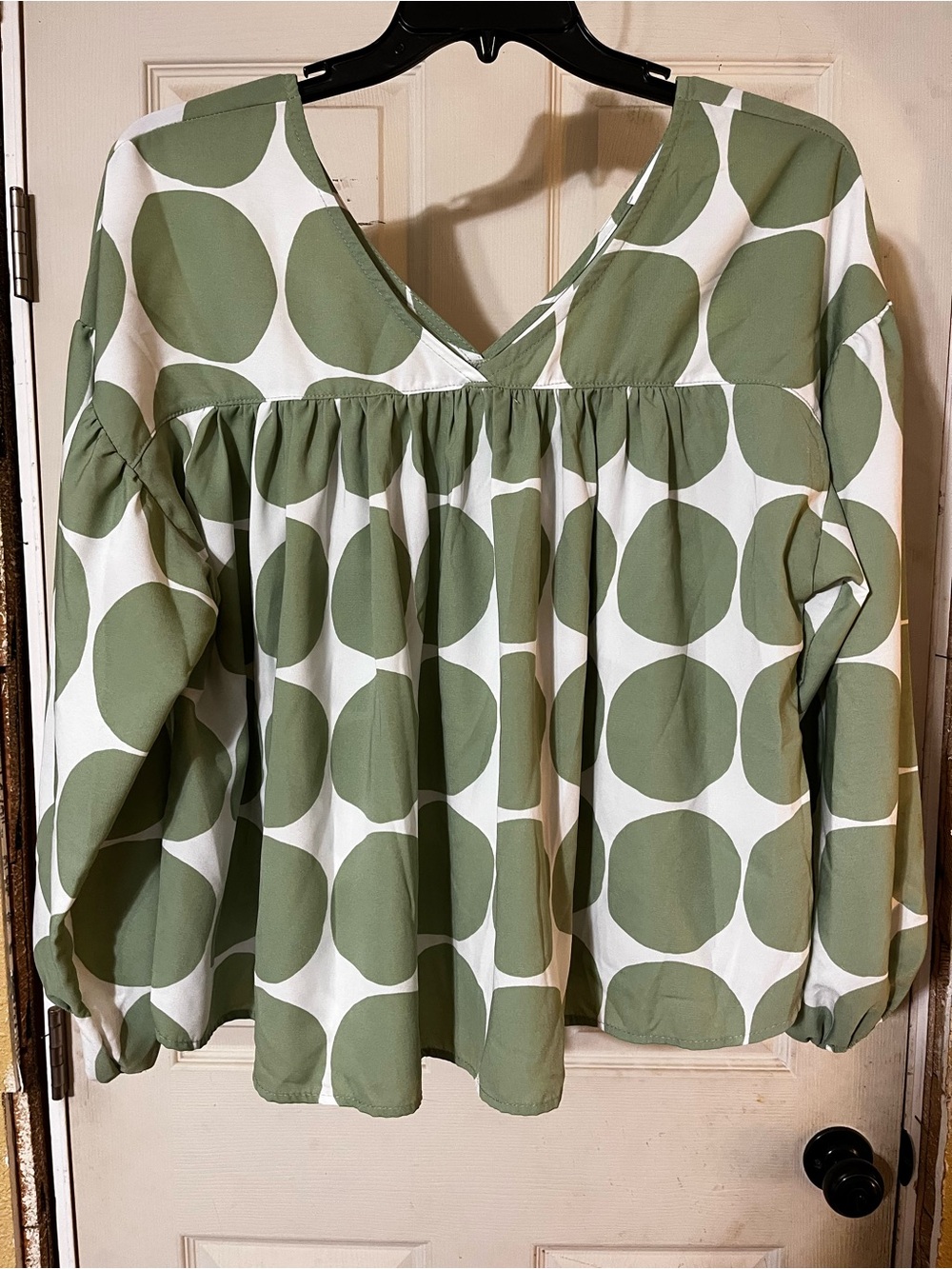 V-Neck Polka Dot Peasant Blouse — Olive Green & White
